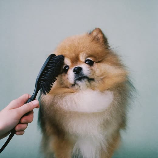 A dog having its coat blow-dried and brushed